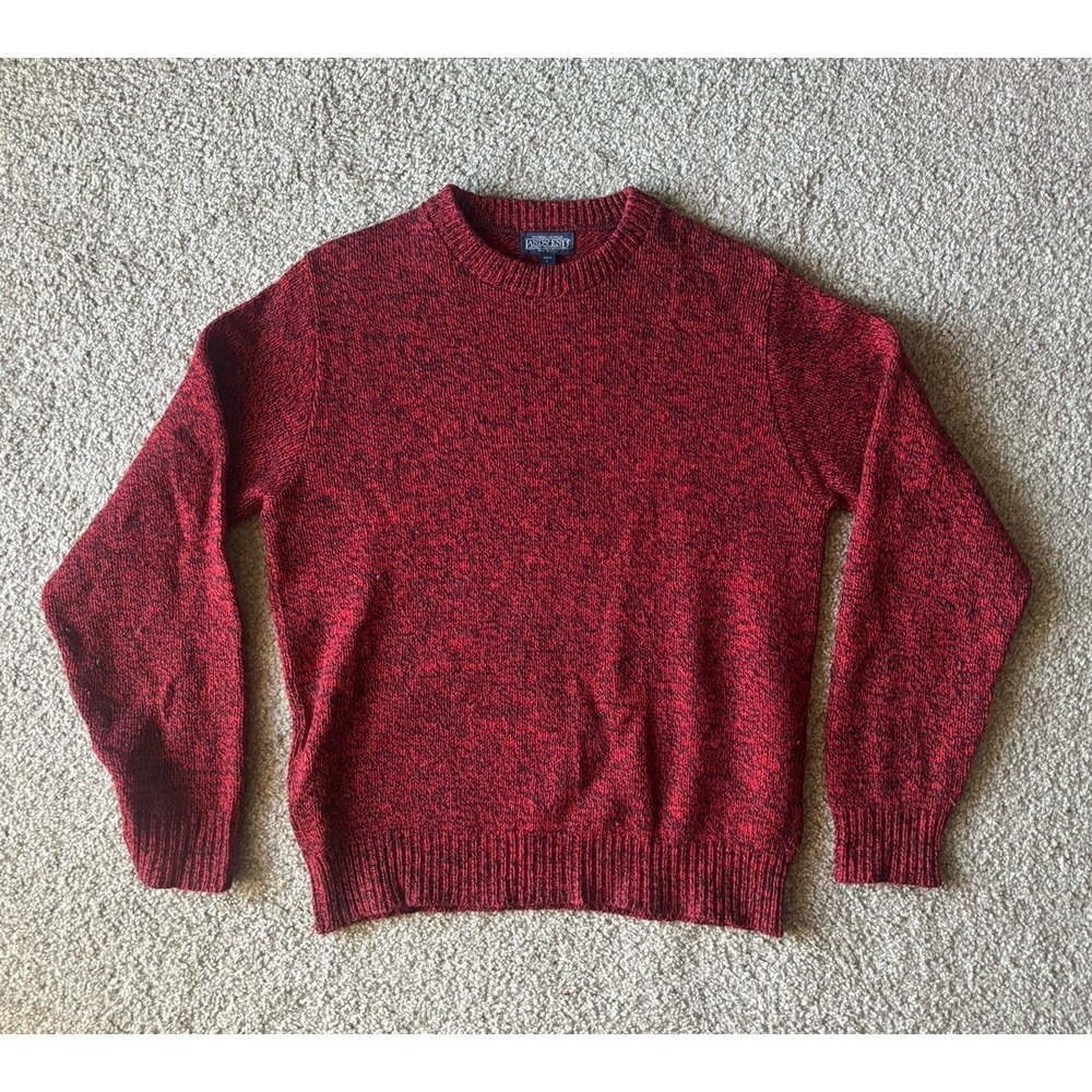 Vintage Lands End Sweater Mens Large Red Black Speckled Wool Knit Crewneck 90s